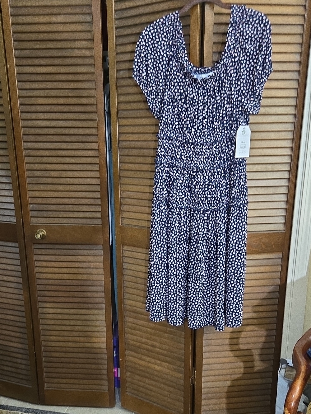 Time and Tru Navy Blue Polka Dot Dress with White and Red Accents